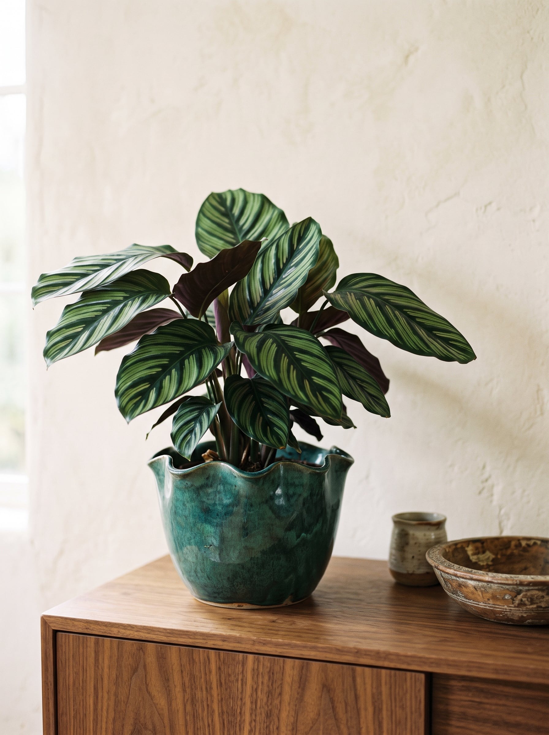 A patterned calathea in a wavy-rimmed teal ceramic pot on a walnut sideboard