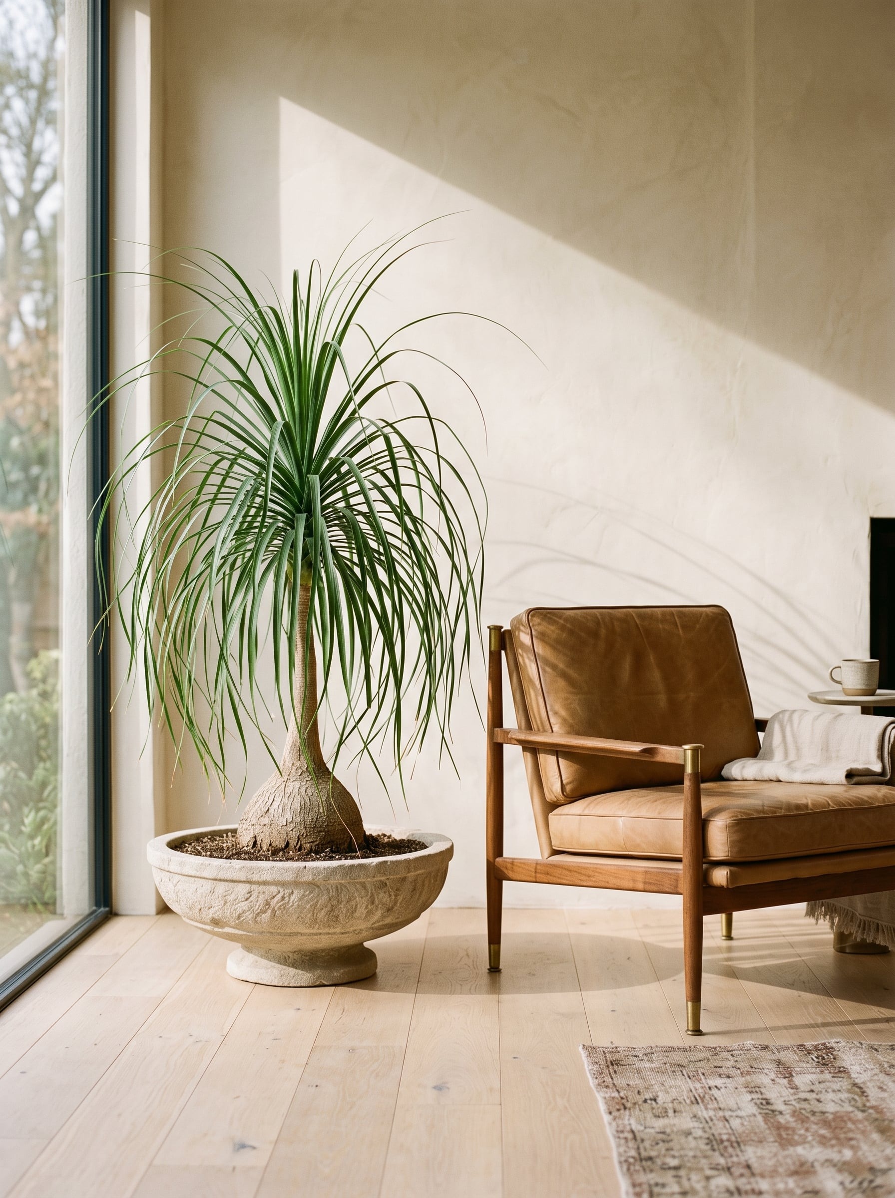 A sculptural ponytail palm in a footed stone bowl planter beside a leather armchair