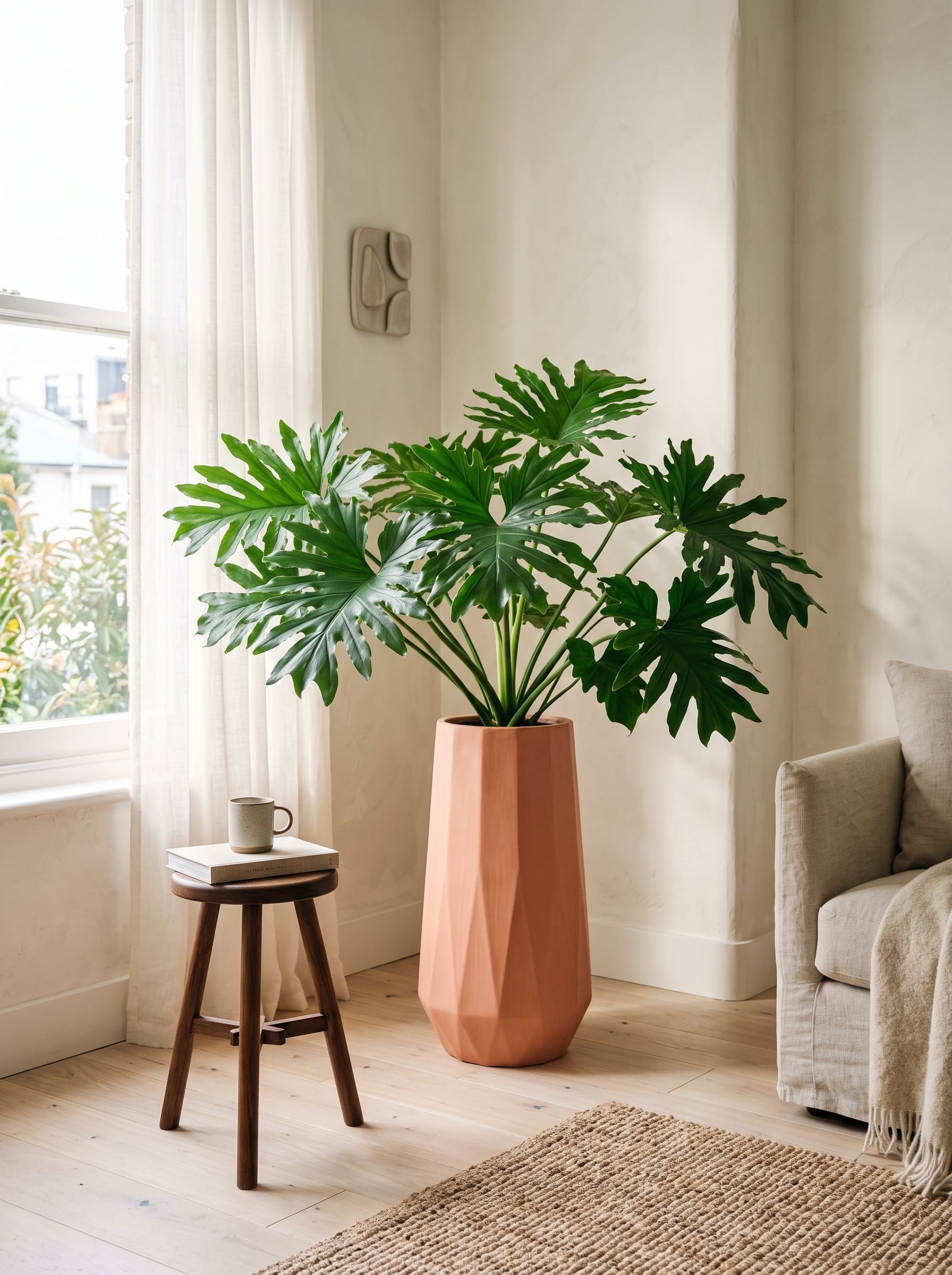 A large philodendron in a tall faceted coral-terracotta planter in a bright room corner