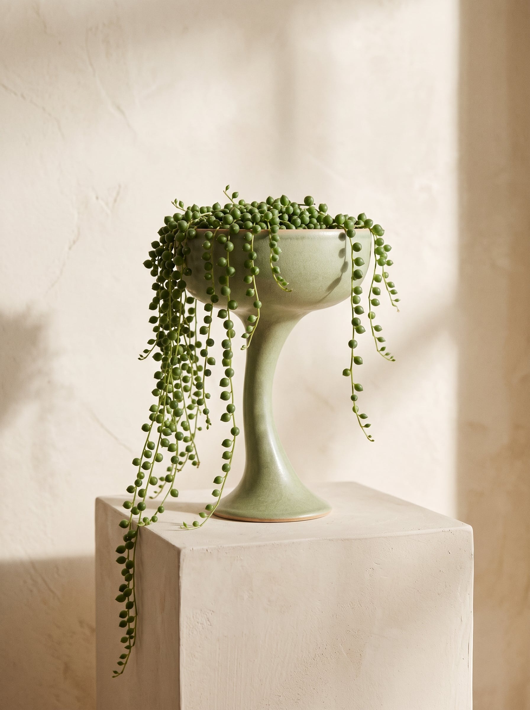 A trailing string-of-pearls in a sage-glazed pedestal planter on a plaster plinth