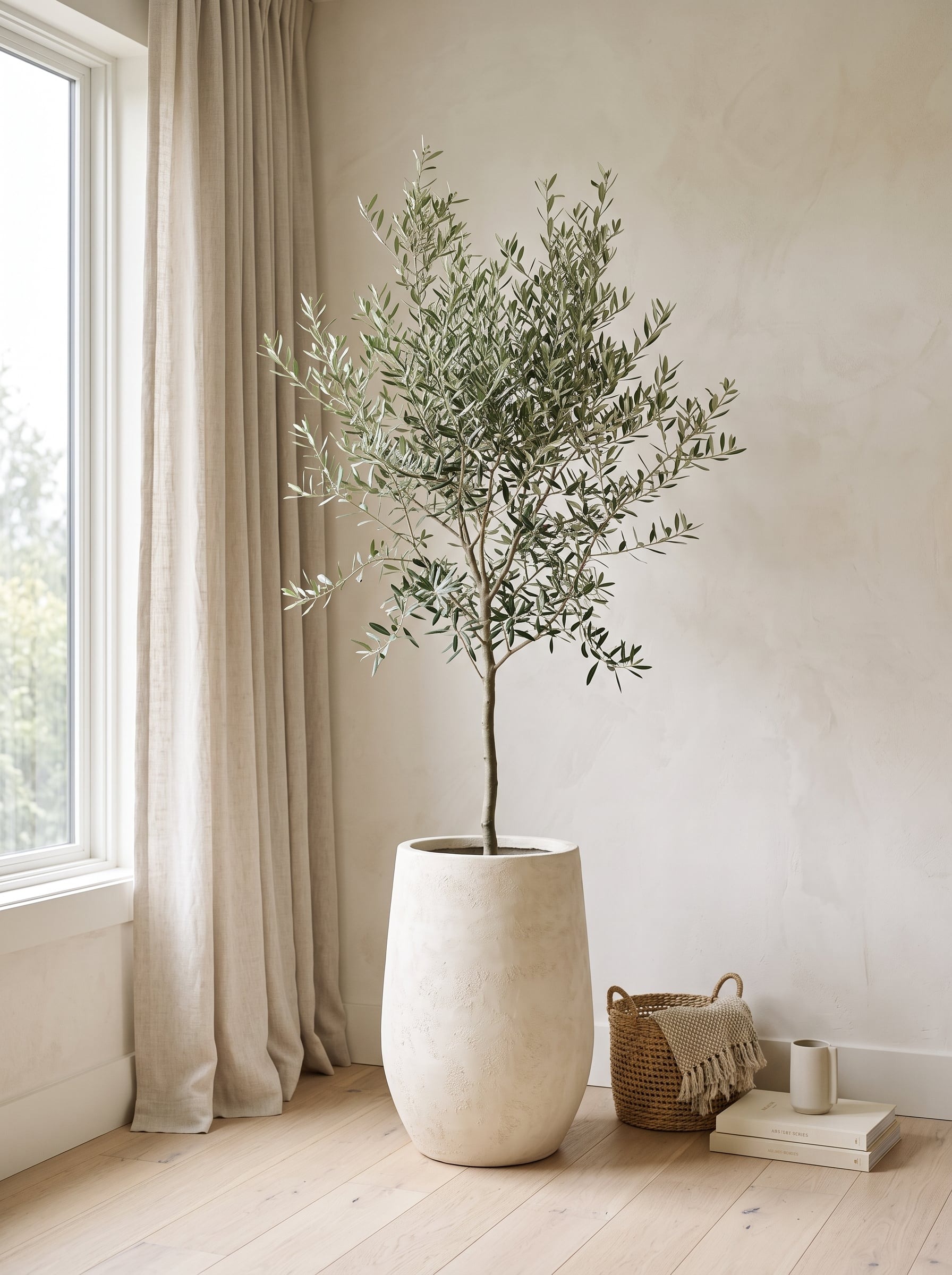 A slender olive tree in a tall limewashed planter beside a linen curtain
